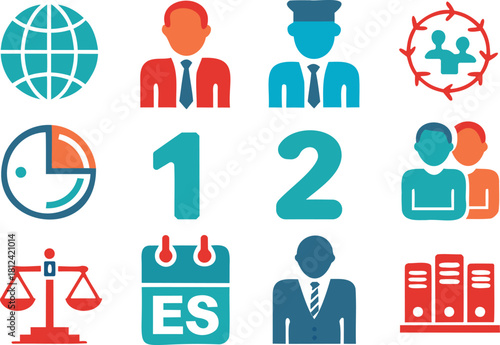 Business and people icons in a colorful grid globe