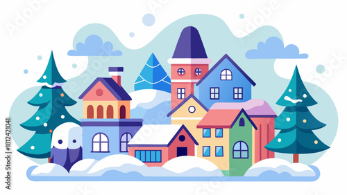 Illustration of a winter village scene with snow covered rooftops and christmas trees in the background