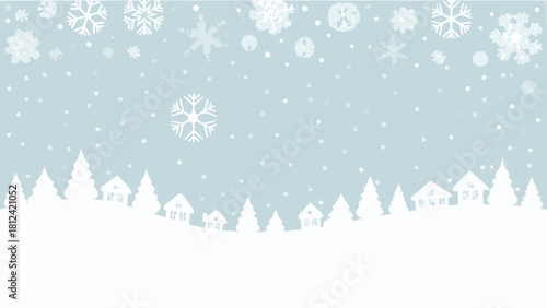 Winter scene with snowflakes falling over trees and houses in a snowy landscape background