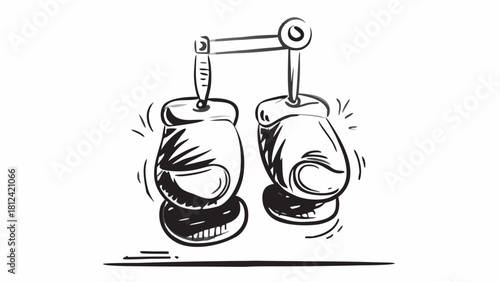 Illustration of hanging boxing gloves with a connecting arm in black and white style art
