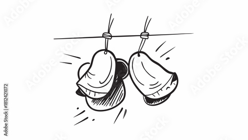 Illustration of two oyster shells hanging from a line with a simple black and white design style