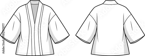 Kimono style short sleeve top technical fashion template with front and back view clean line art design for apparel, cad drawing flat vector illustration
