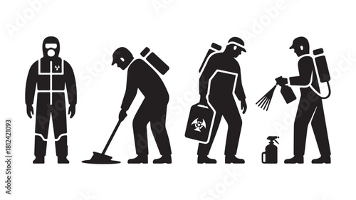 Set of vector icons showing workers in protective suits cleaning and disinfecting isolated on white background