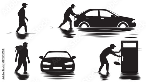 Set of flood disaster silhouette icons vector illustration of people in flood water car in flood and gas station flooding