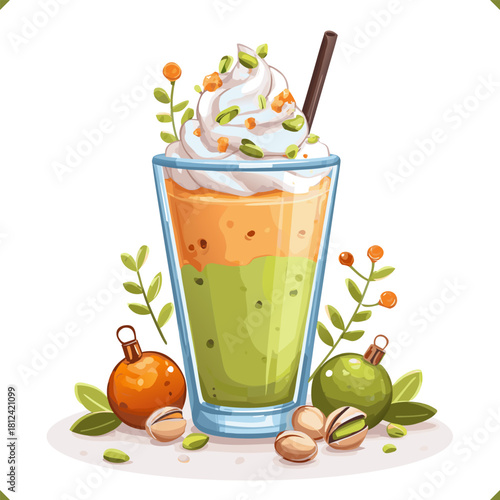 Vector illustration of a tall glass of pistachio milkshake with whipped cream, straw, nuts, isolated on a white background. Vector illustration of cold beverage on white background