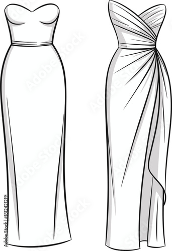 Elegant evening gown technical flat sketch with draped detailing, fashion design vector template for dressmaking and apparel production, cad drawing flat vector illustration