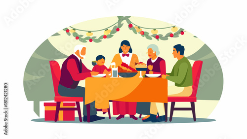 Family is gathered around a table for a holiday meal with decorations and gifts present in the scene