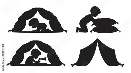 Silhouette illustrations of children playing in a pillow fort creative vector design for kids activities and childhood memories isolated on white background