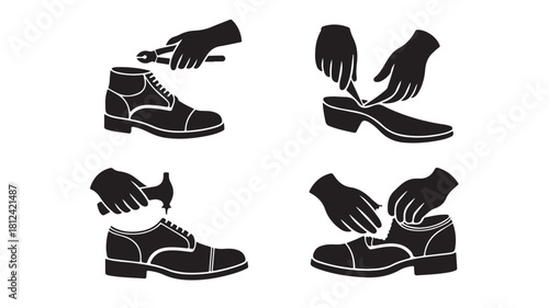 Shoe repair process icons showing hands fixing shoes with tools vector illustration for shoemaking and mending tutorials