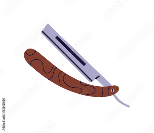 Icon of straight razor. Old shaver with sharp blade, edge. Hairdressing tool to shave hair. Barbershop, barber accessory for grooming, care about beard. Flat isolated vector illustration on white