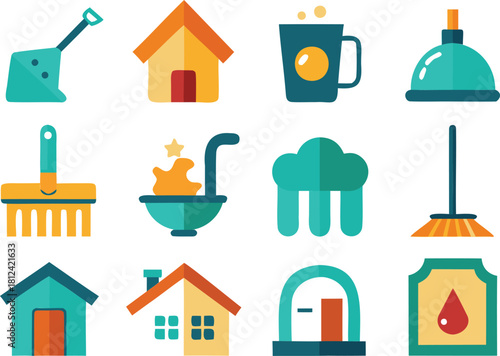 Flat Icons Of Home And Cleaning Tools shovel house