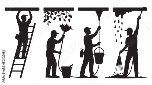 Silhouette illustration of a man cleaning gutters using a ladder hose and various tools vector design for home maintenance and repair services