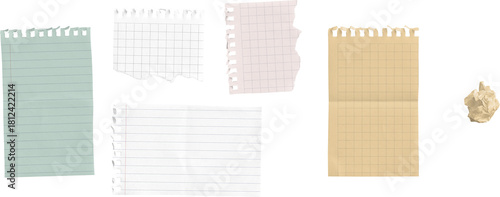 Set of Ripped Notebook Papers with Wrinkled Ball isolated on transparent background