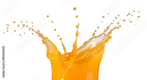 Vibrant orange juice splash frozen in motion, capturing the dynamic eruption of liquid droplets against a clean white background, perfect for beverage and refreshment concepts