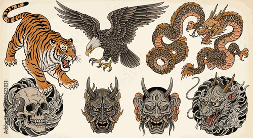 Collection of mythical creatures including a tiger, eagle, dragon, and demonic masks in traditional japanese art style