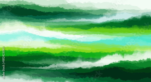 Abstract painting of green and blue waves with white foam on a textured background