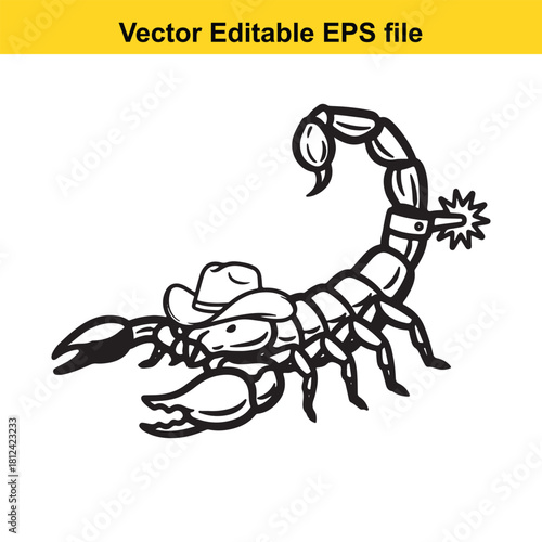 Black and white vector illustration of a cartoon scorpion wearing a cowboy hat with a spur on its tail, isolated on