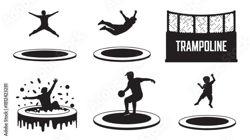 Trampoline silhouette vector set various jumping poses and activities isolated design elements for recreation and fitness concepts