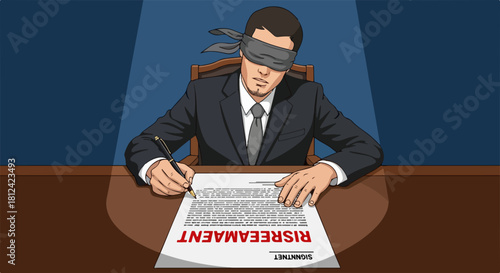 Blind agreement concept showing man signing contract with blindfold, unable to see conditions, risks or potential consequences. Unaware agreement process suggests possible deception, mistrust,