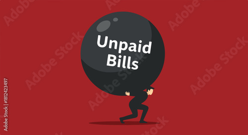Unpaid bills cause burden on person illustrated carrying heavy load. Person struggling with unpaid bills, this debt weighs heavily, overwhelming individual.