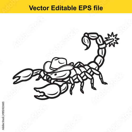 Funny black and white line art vector illustration of a cartoon scorpion wearing a cowboy hat with a star on its stinger, isolated on