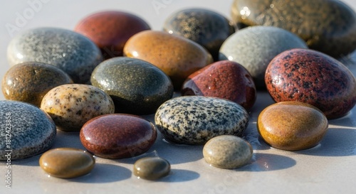A collection of colorful lake superior rocks and stones on a white surface, showcasing their unique patterns