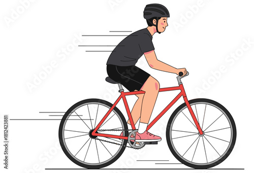 Cyclist riding red bike at high speed, motion lines, sporty outfit, dynamic action pose, fitness and transportation concept