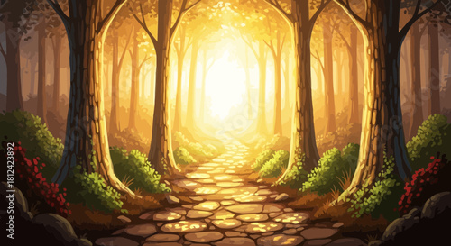 Mystical forest path with sunlight shining through trees, creating a magical and serene atmosphere with vibrant foliage and a stone walkway