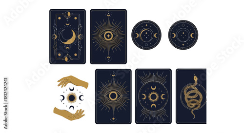 A collection of mystical tarot cards with intricate designs featuring celestial symbols, eyes, and esoteric patterns on a dark background