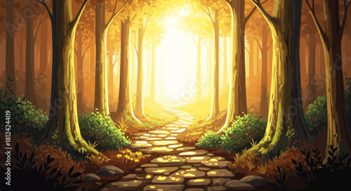 Sunlight streaming through a mystical forest with a path leading to a bright, glowing light in the distance