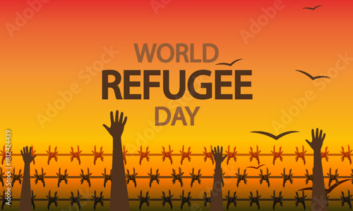 World Refugee Day hands and barbed wire, vector art illustration.