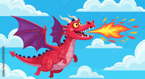 A vibrant red dragon with purple wings flying in the sky and breathing fire, colorful and cartoonish illustration