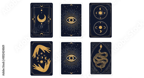 Six dark blue tarot cards with intricate gold designs, including celestial symbols, eyes, and mystical patterns