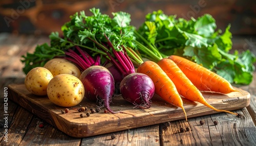 Root Vegetables on Wooden Board