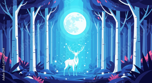 Mystical forest scene with a glowing moon, magical blue trees, and a white deer standing in the center of the enchanted woodland