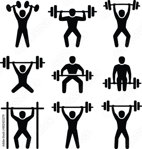 Gym workout strength training and weightlifting icon set design