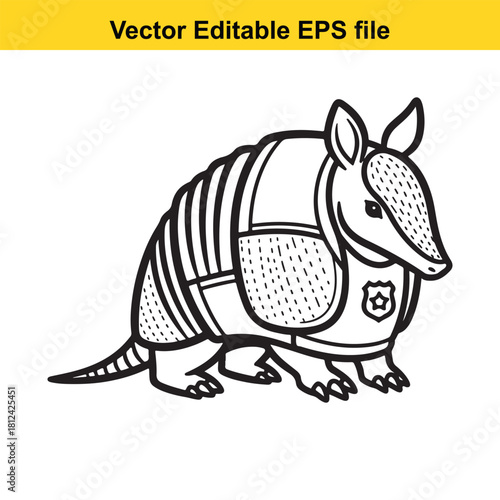 Black and white line art vector illustration of a cute armadillo wearing a police badge, isolated on