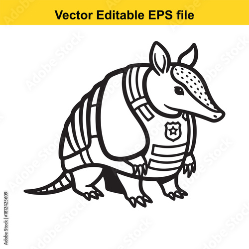 Cute cartoon line art vector illustration of an armadillo wearing a police vest with a badge, isolated on