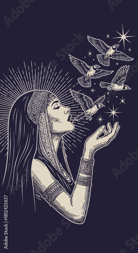 Mystical woman blowing stars with birds flying around her head in a surreal artistic illustration