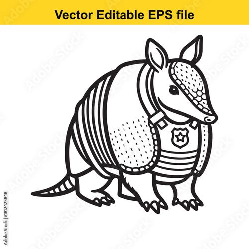 Black and white outline vector illustration of a cute armadillo wearing a police badge, isolated on