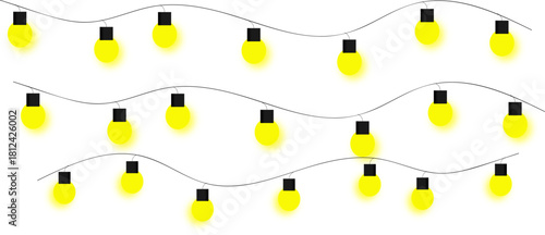 Illustration of three wavy strings of glowing yellow light bulbs on a clean white background.for party and holidays