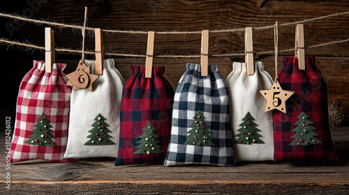 Rustic homemade Christmas advent calendar with fabric bags. Holiday countdown decoration hanging on a string against a wooden background