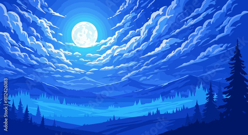 A serene landscape with a full moon shining over a blue valley surrounded by mountains and trees under a cloudy sky