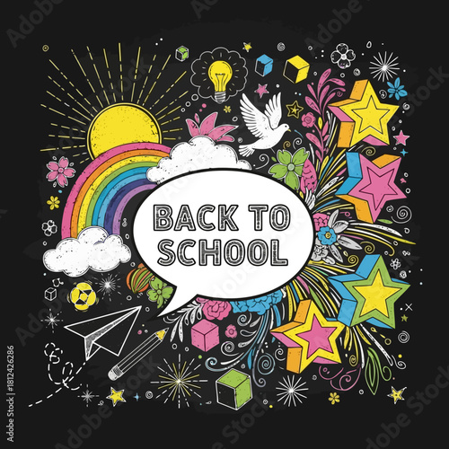 Back to school colorful doodle design with stars, rainbow, sun, and educational elements on
