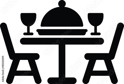 Elegant dining table for two with cloche and wine glasses icon