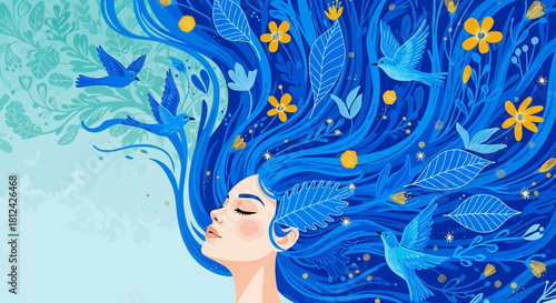 Beautiful woman with long blue hair adorned with flowers and birds, serene expression, artistic and fantasy style illustration