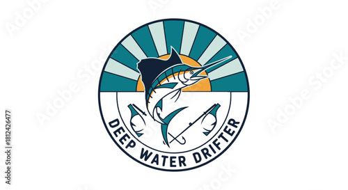 Circular logo design featuring a jumping marlin fish above two fishing lures with text deep water drifter isolated on