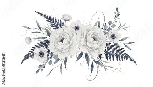 Elegant watercolor floral arrangement featuring white ranunculus and dark fern foliage, isolated on