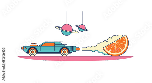 Cartoon illustration of a retro blue muscle car emitting exhaust smoke shaped like a slice of orange, isolated on