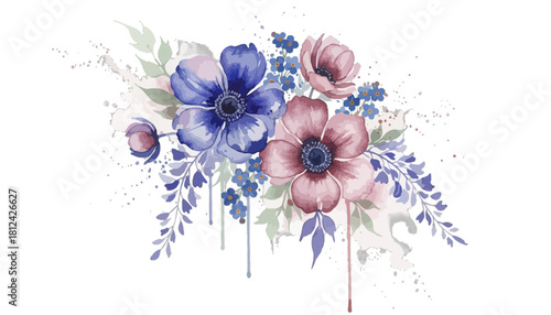 Watercolor floral arrangement with blue and pink anemone flower bouquet isolated on for wedding invitation design